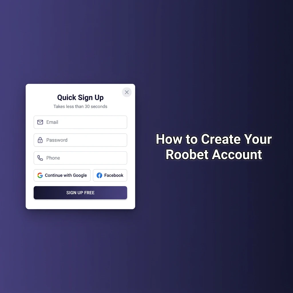 Roobet account registration form showing sign-up steps including email, password, currency selection, and email verification