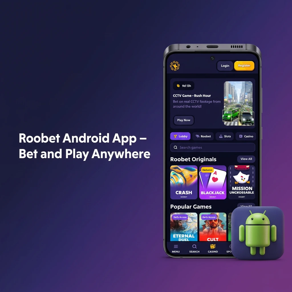 Roobet Android app interface showing sports betting and casino games accessible on a mobile device