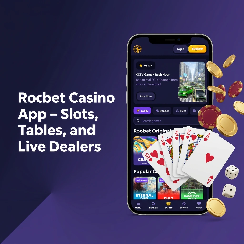 Roobet Casino app showing slots, live dealer tables, and casino games on mobile screen