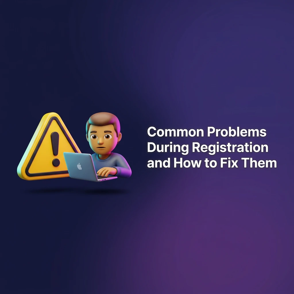 Person troubleshooting online registration issues on a computer, with common error messages and solutions displayed on screen