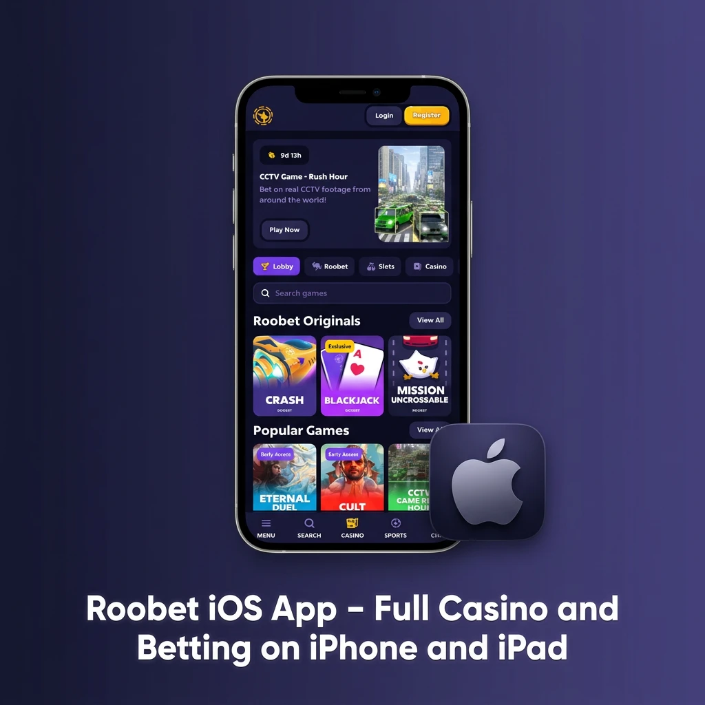 Roobet iOS app interface displayed on iPhone and iPad showing casino games and betting features