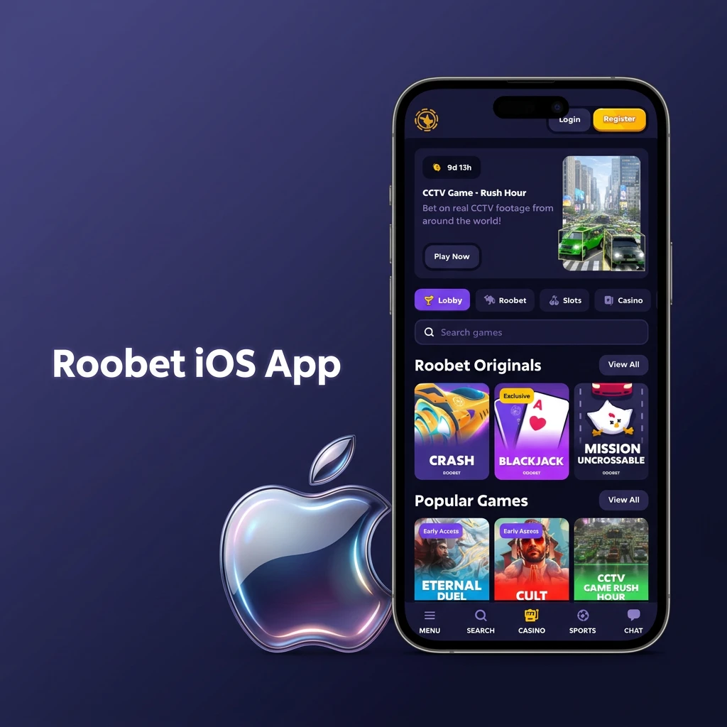 Roobet iOS app guide showing steps to add Roobet website shortcut to iPhone home screen via Safari browser