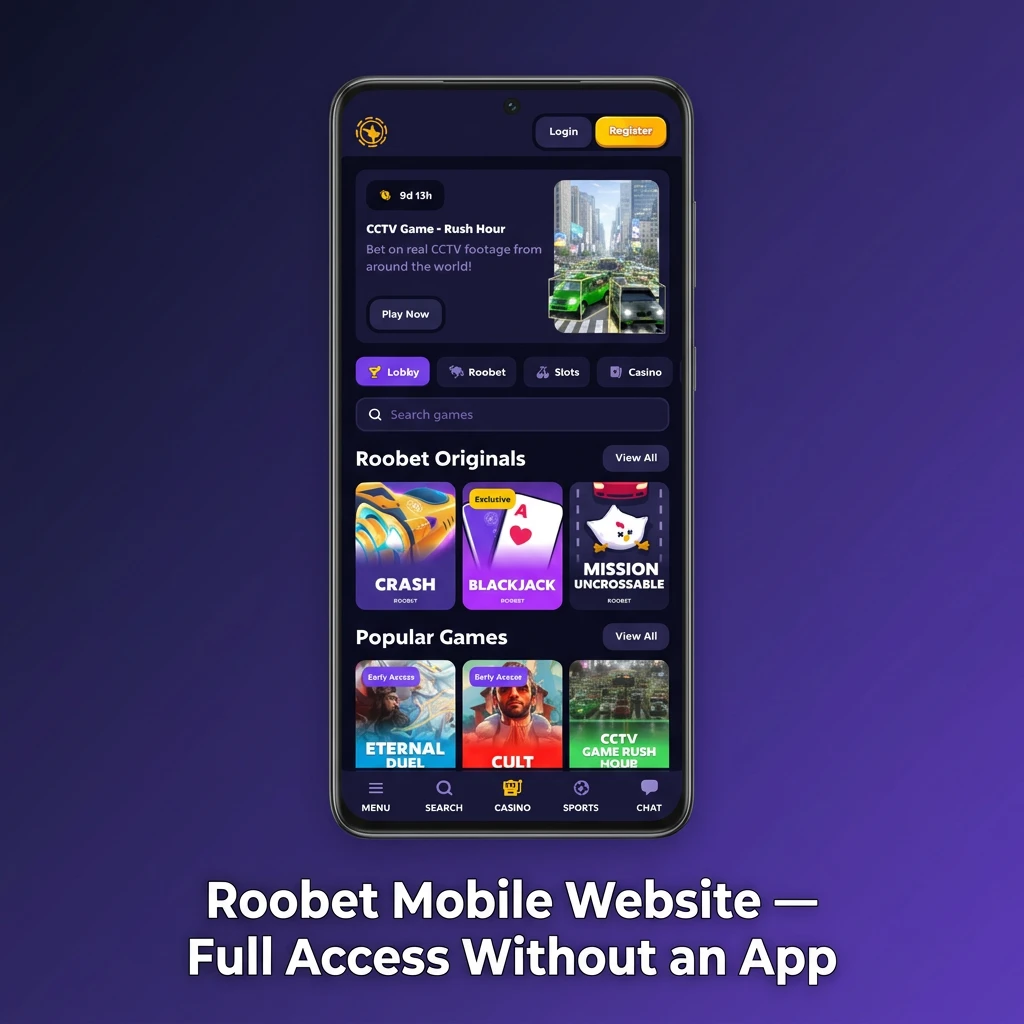 Roobet mobile website on smartphone browser showing casino games and sports betting interface, optimized for touch