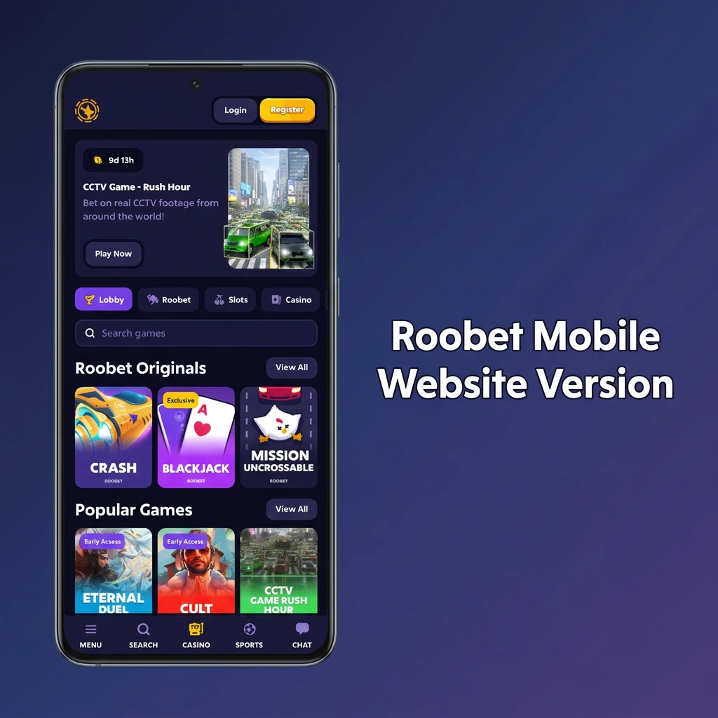 Mobile-optimised Roobet website displayed on a smartphone browser, offering full betting and casino features without downloading.
