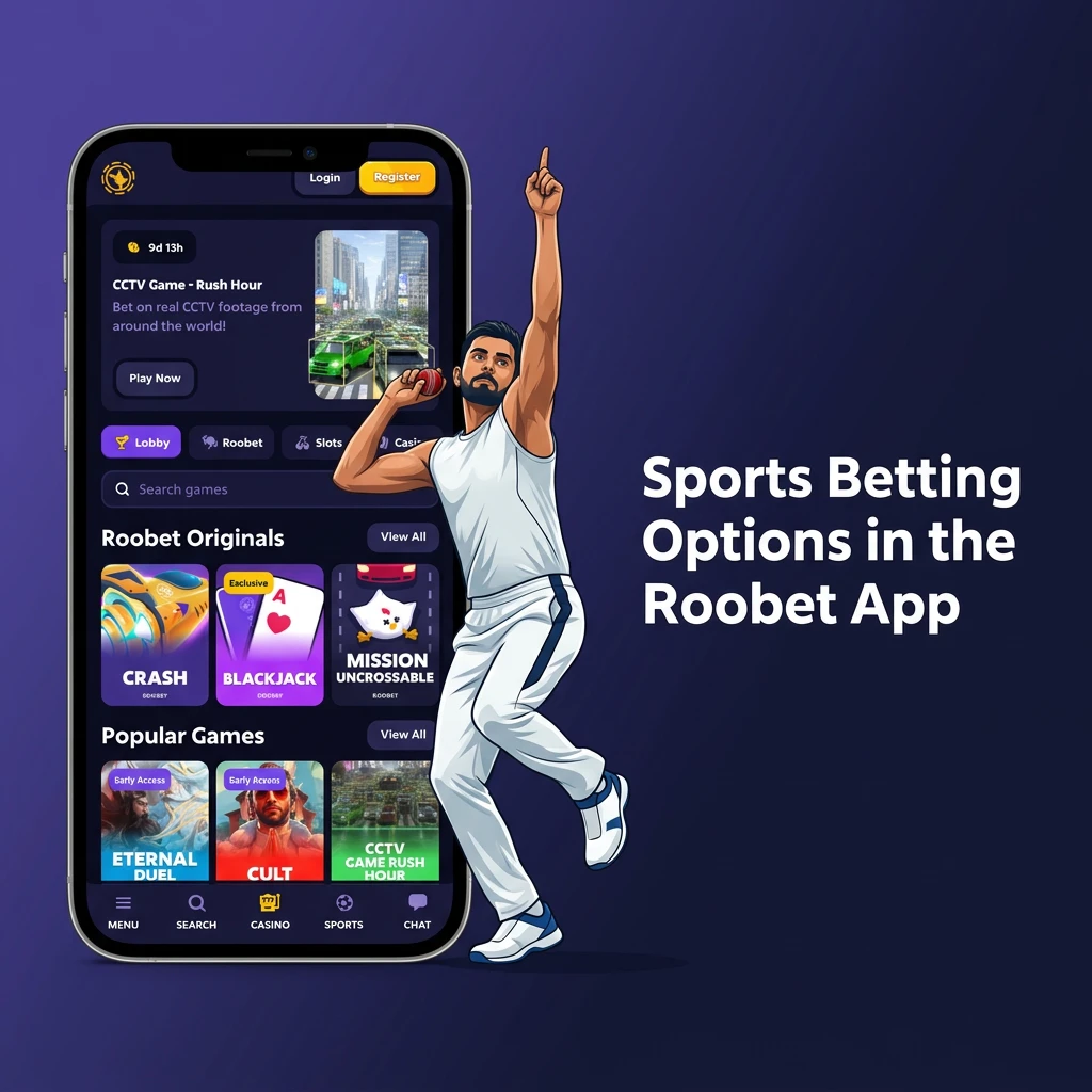 Roobet app sports betting interface showing live and pre-match options for football, cricket, esports, and more