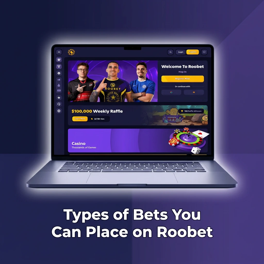 Diagram showing three Roobet bet types: Single, Express Accumulator, and System Bet with brief descriptions