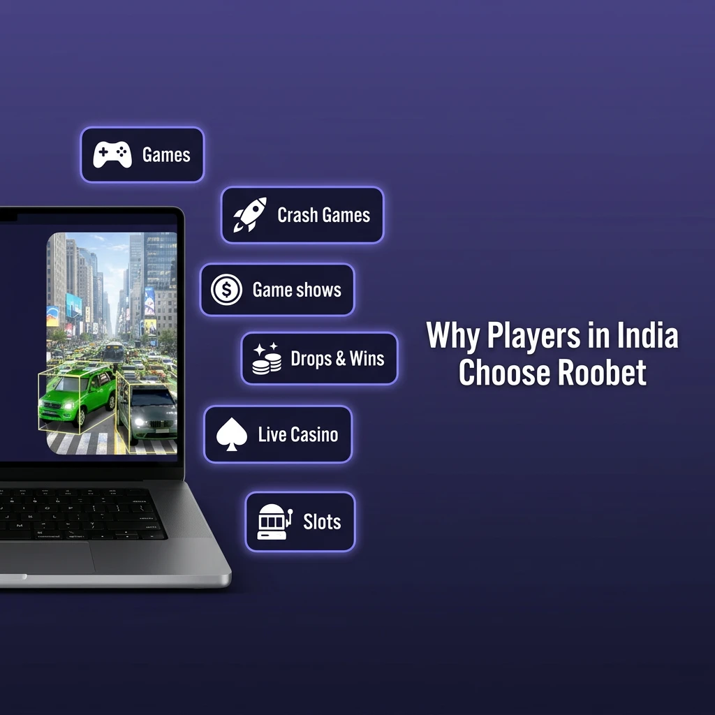 Indian players enjoying Roobet platform features including crypto transactions, sports betting, casino games, and weekly raffle rewards